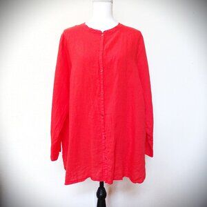 EILEEN FISHER Red Mandalin Collar Organic 100% Irish Linen Long Sleeve Top 1X